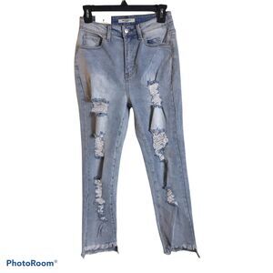 American Bazi Jeans Juniors 3 High Rise Straight Distressed Light Blue Wash NEW